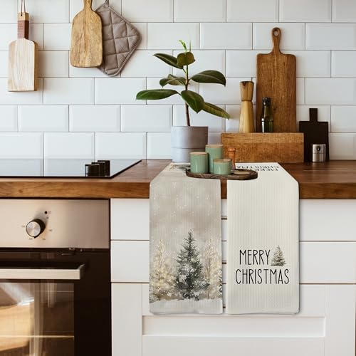Snow Tree Kitchen Towels Set of 2 16x24 in - Rustic Beige Christmas Dish Hand Towels