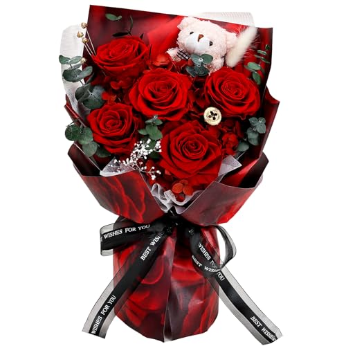 Preserved Rose Flower Bouquet with Bear in Gift Box
