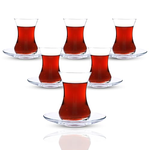 Pack of 6 Turkish Tea Glasses with Saucers - Authentic Small Tulip Shape Cups