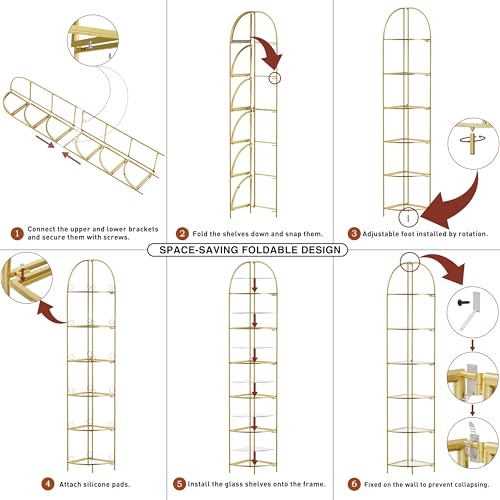 6-Tier Foldable Corner Shelf, Metal Gold Frame Standing Display Rack