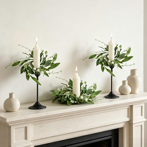 6 Mini Eucalyptus Candle Rings - 1.38" Taper Holder Wreaths