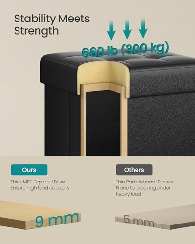 Square Storage Ottoman with Legs, Foldable Faux Leather Footrest, 15-Inch