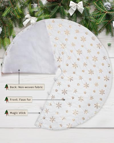 White Faux Fur Christmas Tree Skirt with Gold Sequin Snowflakes - 60 Inch