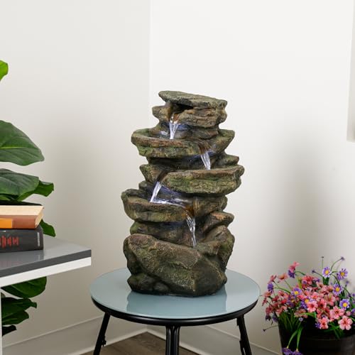 20" Multi-Level Rock Water Fountain with LED Lights for Garden and Patio