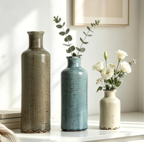 Ceramic Vases Set of 3 - Rustic Distressed Coastal Decor for Shelves & Tables