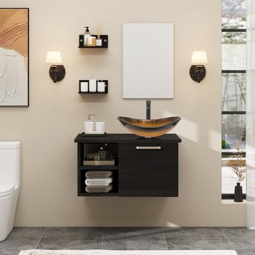 28-Inch Wall-Mounted Bathroom Vanity Set with Glass Sink and Mirror
