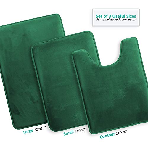 Clara Clark 3-Piece Memory Foam Bath Rug Set - Green Non-Slip Velvet Mats