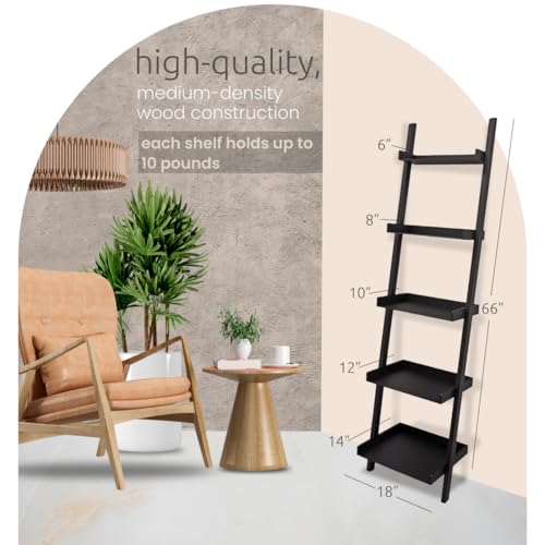 5-Tier Leaning Ladder Shelf, 18-Inch Wide Modern Wall Display, Matte Black