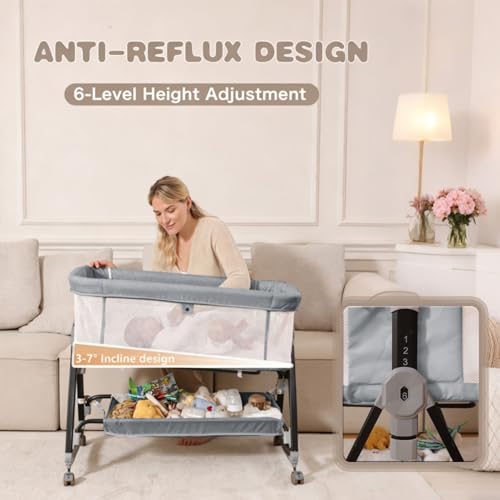 Adjustable Baby Bedside Sleeper Bassinet with Mattress & Wheels - Gray