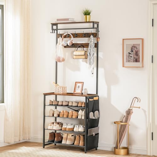 Industrial Hall Tree with Bench, Entryway Coat Rack and Shoe Storage