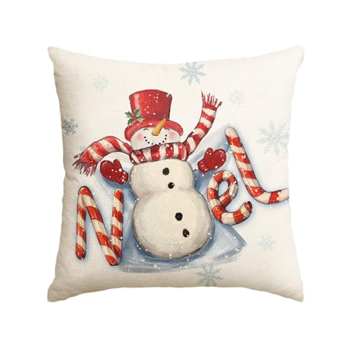 Christmas Snowman Candy Cane Throw Pillow Cover 18x18 Inch Red Noel Seasonal Home Decor