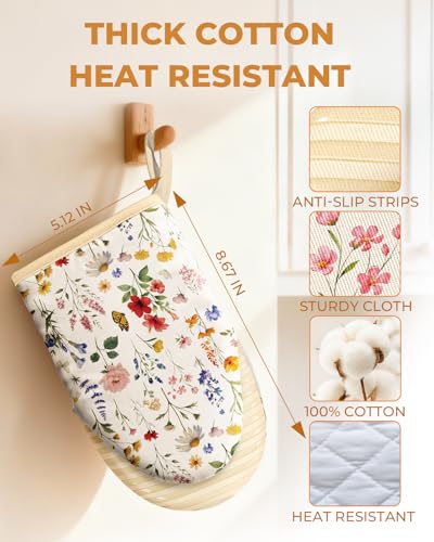 Vintage Floral Mini Oven Mitts - Heat Resistant Cotton Kitchen Gloves