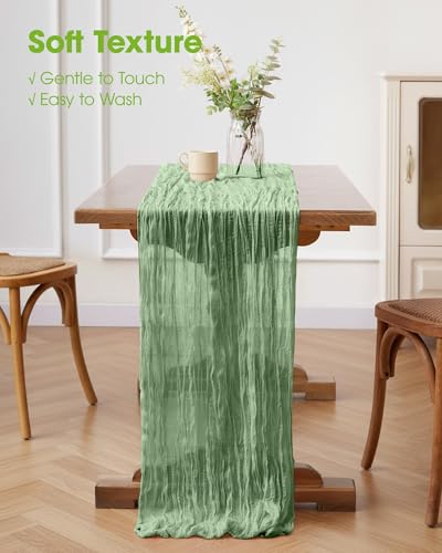 Pureegg 12 Pack Sage Green Cheesecloth Table Runner 120 Inch for Wedding Party and Events