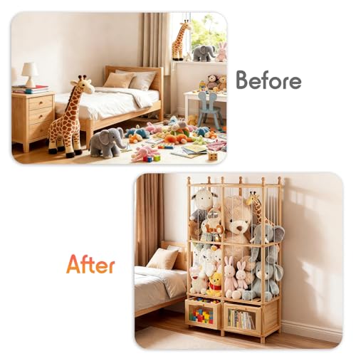 Stuffed Animal Storage Tower with Two Wooden Drawers, 280L Toy Organizer