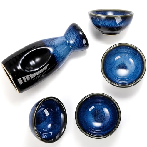 Goaste Japanese Ceramic Sake Set with Carafe and Cups - Dark Blue, Dishwasher Safe
