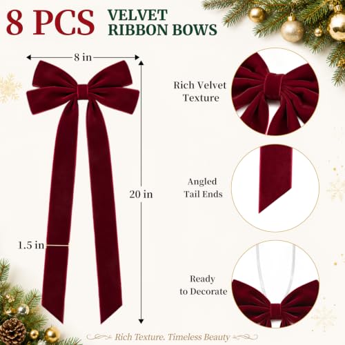Milimot Burgundy Velvet Bows for Christmas Tree 8 x 20 in - 8 Pcs with 1.5 in Ribbon