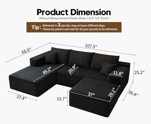 107.5" U-Shaped Modular Sectional Sofa with Ottoman, Plush Corduroy Fabric