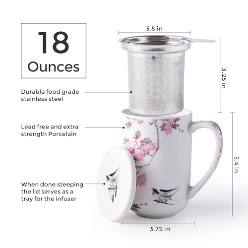 AmorArc Peach Blossom Tea Cup with Infuser & Lid, 18oz Loose Leaf Mug