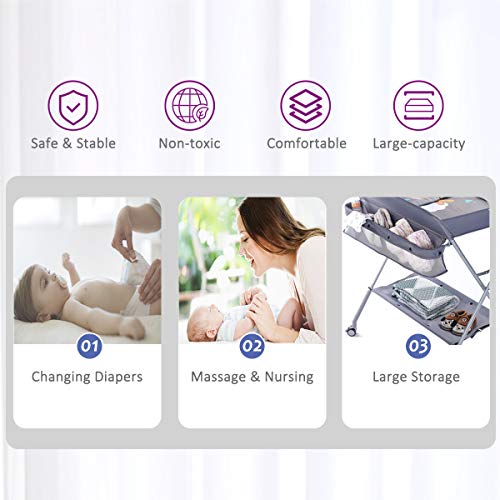 Portable Baby Changing Table with Storage, Adjustable Height Nursery Station