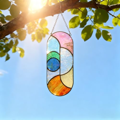 Handmade Stained Glass Suncatcher Panel - Geometric Design, 4.5" x 11"