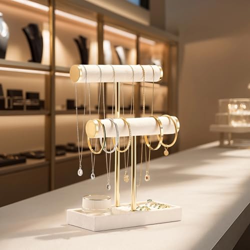 2-Tier Velvet Jewelry Stand and Bracelet Holder Organizer in Beige