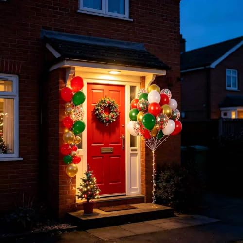 Christmas Balloons Set - Green, Red, White, Gold Latex & Confetti Balloons, Red & Green Ribbons - Xmas Decoration (Variation 2)