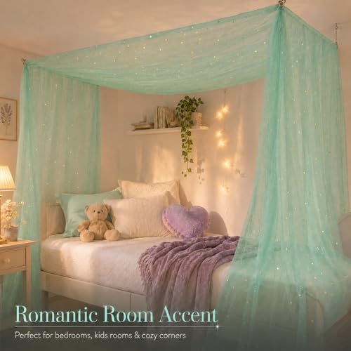 Green Star and Moon Bed Canopy Tulle Curtain for Girls Room, 60x158 Inch