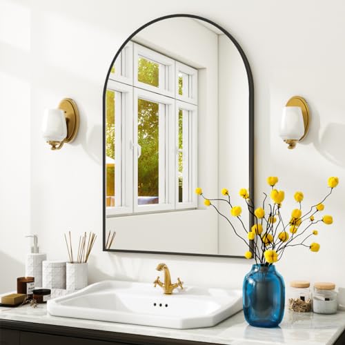 24x36 Inch Arched Wall Mirror, Black Metal Frame Vanity Mirror