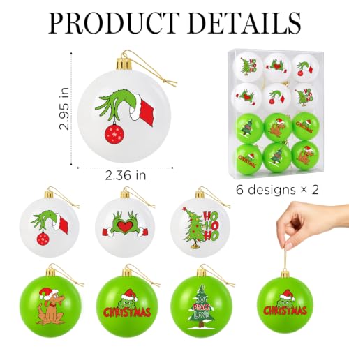 12-Pack White & Green Christmas Ornaments 2.36in - Pre-Assembled Plastic Balls
