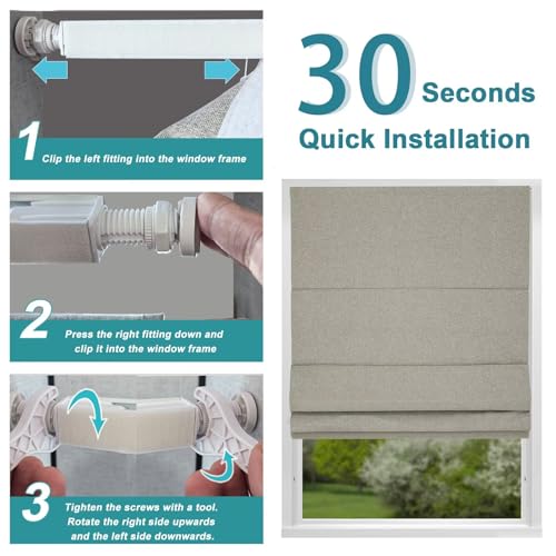 Cordless No-Drill Roman Shades - Blackout Window Blinds, 35" x 64", Beige