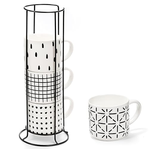 Set of 4 Stackable Coffee Mugs with Metal Stand, 15 oz Ceramic Cups for Hot Beverages