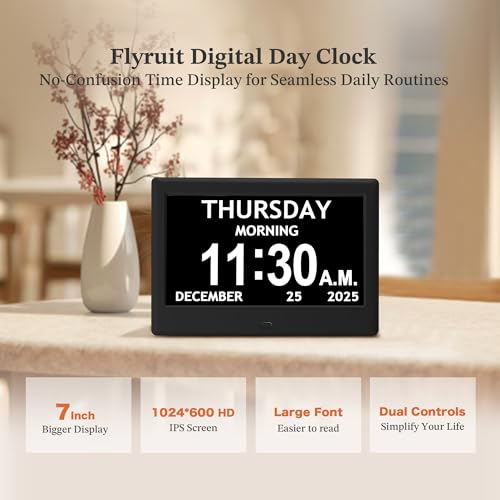 Flyruit 7'' Black Dementia Clock for Seniors Large Display Digital Calendar
