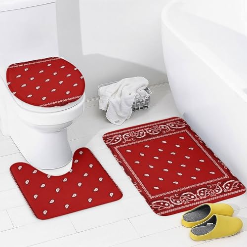 Red Bandana 4-Piece Bathroom Set - Non-Slip Floor Mat & Shower Curtain