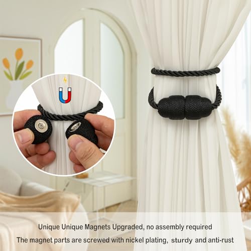 Magnetic Curtain Tiebacks - 4 Pack Decorative Rope Curtain Holdbacks, Black