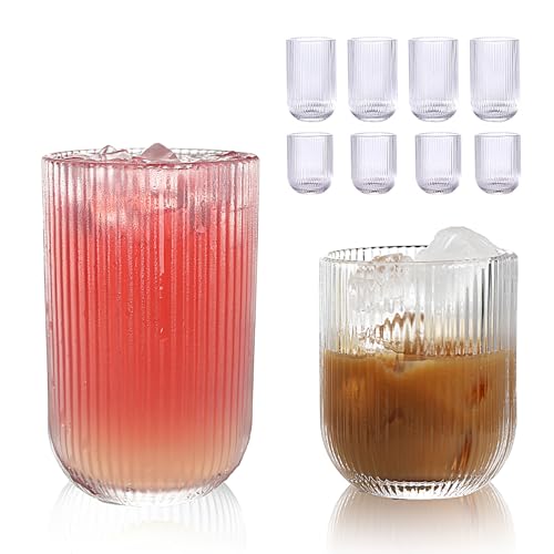 WeirdUncle Clear Ribbed Glassware Set of 8 - 14oz Highball & 9oz Rocks Glasses, Origami Style