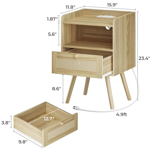 Rattan Nightstands with Charging Station, Set of 2, Boho Bedside Tables