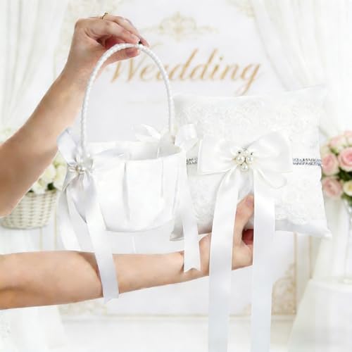 3-Piece Wedding Flower Girl Basket and Ring Bearer Pillow Set, Ivory Satin