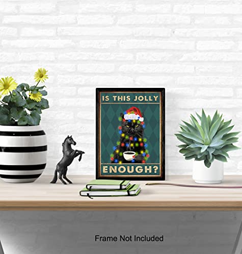 Cat Christmas Wall Art - Unframed 8x10 Black Cat Santa Holiday Decor