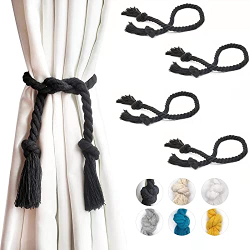 4 Pack Cotton Rope Curtain Tiebacks, Rustic Tassel Holdbacks for Drapes