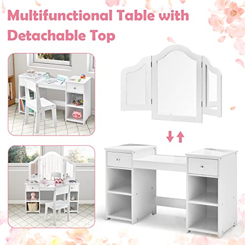 Kids Vanity Table and Chair Set with Tri-Folding Mirror and Storage