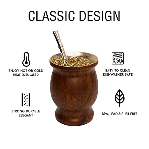 Brown Stainless Steel Yerba Mate Gourd Set with Straw & Brush - Double Walled, 8oz