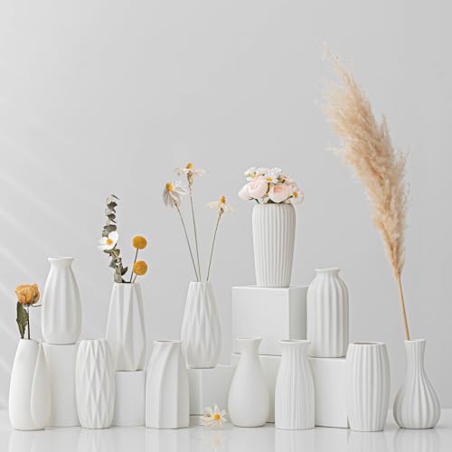 White Ceramic Vase Set of 12 - Mini Bud Vases for Flowers & Pampas Grass, Boho Wedding Centerpieces (Variation: White-st-12)