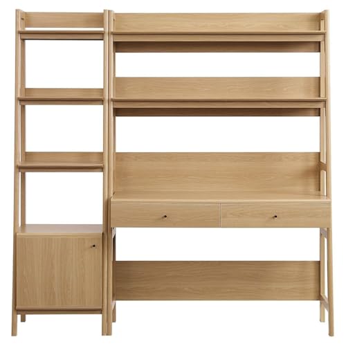 2-Piece Mid-Century Modern Home Office Desk and Bookshelf Set in Oak