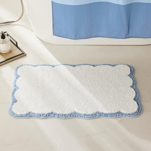 Ohocut Scalloped Bath Mat, Preppy White & Blue Microfiber Rug 32x20