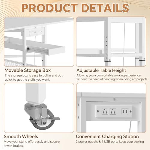 Height Adjustable Folding Sewing & Craft Table with Charging Station, Storage