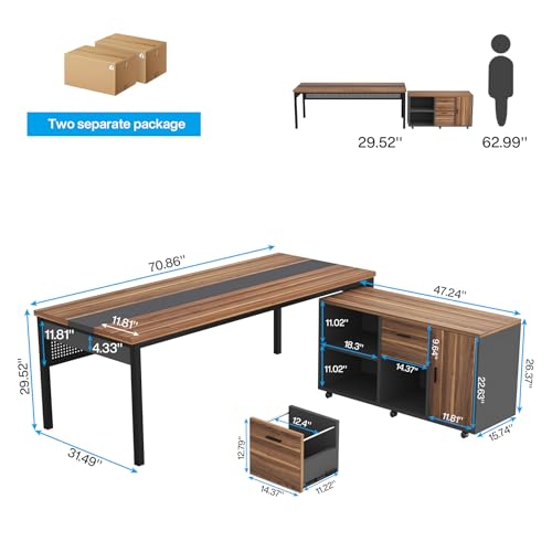 71-Inch L-Shaped Executive Desk with Mobile File Cabinet and Storage