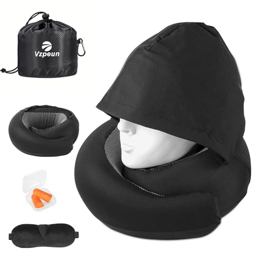 Hooded Memory Foam Travel Neck Pillow Set with Eye Mask & Earplugs