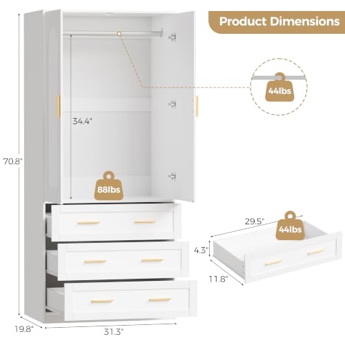71-Inch Freestanding Wooden Wardrobe Closet with 3 Drawers and Hanging Rod