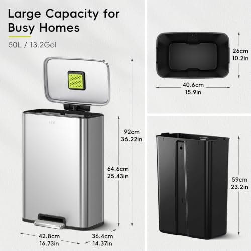 EKO Madison 50L Brushed Stainless Steel Kitchen Step Trash Can with Soft Close Lid
