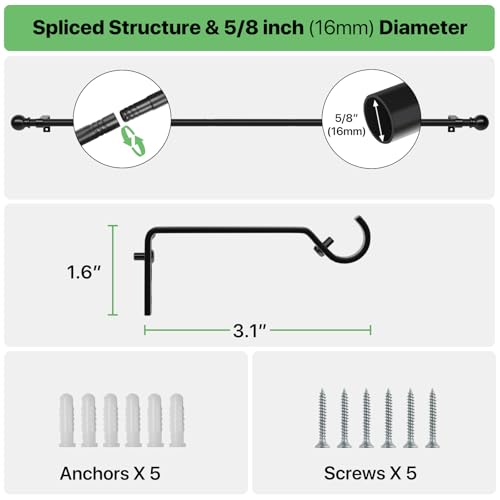 Adjustable Matte Black Curtain Rod Set with Brackets (28 to 48 Inch)